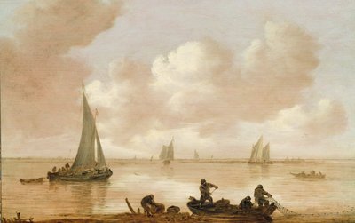An estuary with fisherman hauling in their nets by Jan Josephsz van Goyen